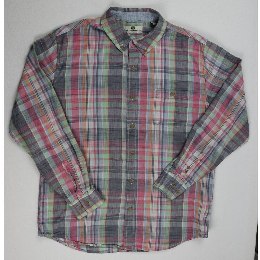Weatherproof Mens Large Plaid Button Down Shirt Long Sleeve Pocket Pink Gray L